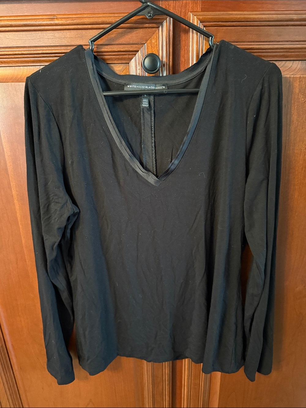 White House Black Market Black V-Neck Long Sleeve Top with Satin Trim
